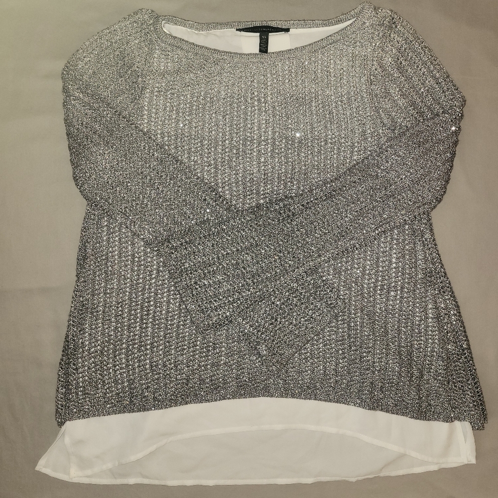 White House Black Market XS Sequin Silver Double Layer Sweater